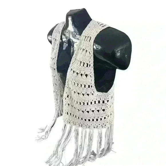 Women’s Crochet Top Size‎ Medium M Fringe Ivory Cropped Tomato Girl Summer - Picture 6 of 13